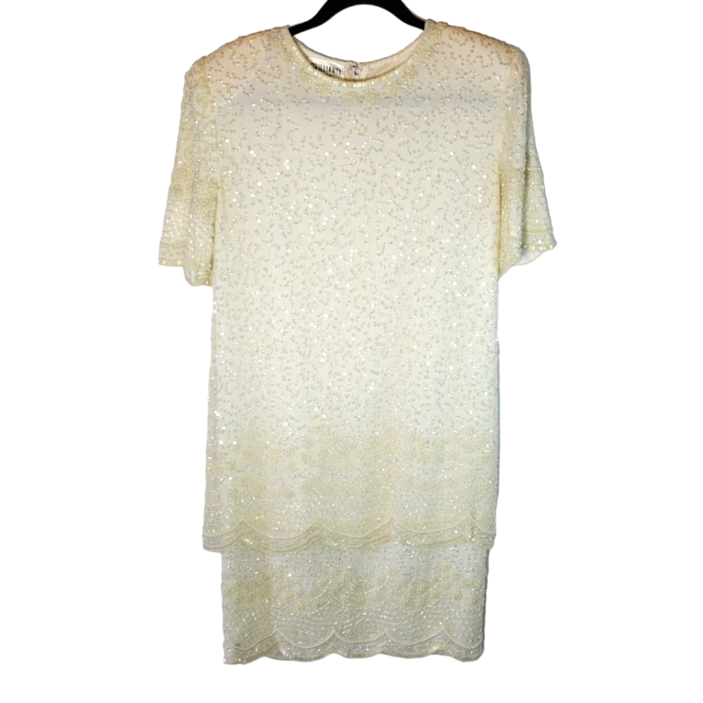 Vintage Brilliante cream silk beaded layered formal shift